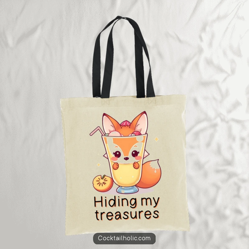 Funny fox tote bag with a shy character peeking behind a giant cocktail, great for carrying essentials with subtle humor.