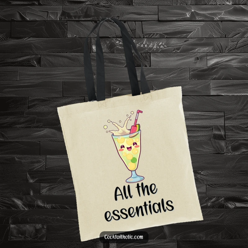 Funny Kawaii cocktail glass with a playful splash, energetically mixing ingredients, a stylish and humorous tote bag.