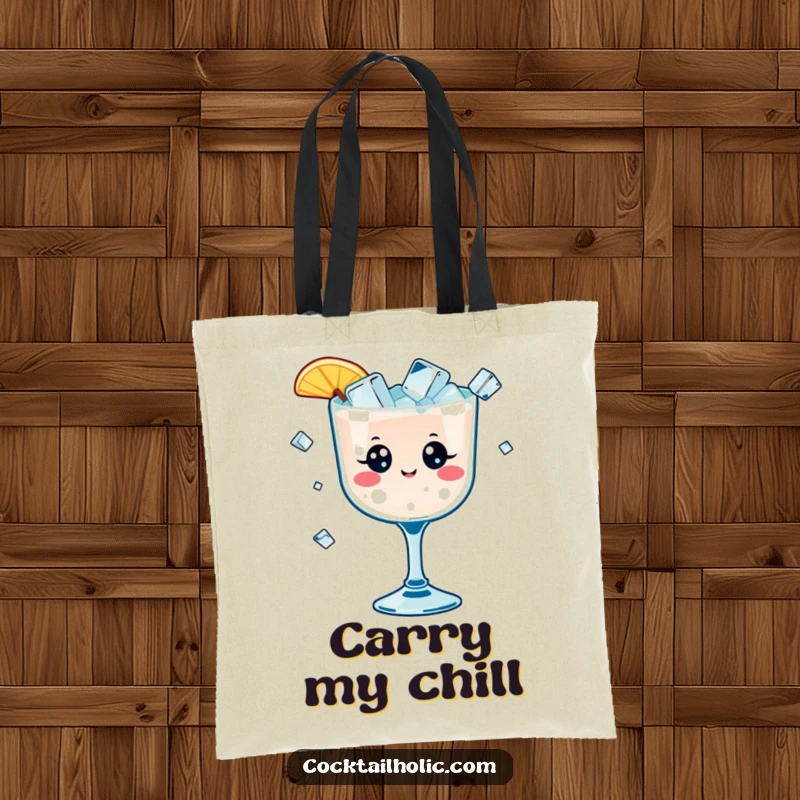 Funny tote bag featuring a kawaii cocktail glass with happy eyes, juggling tiny ice cubes, a humorous and practical accessory.