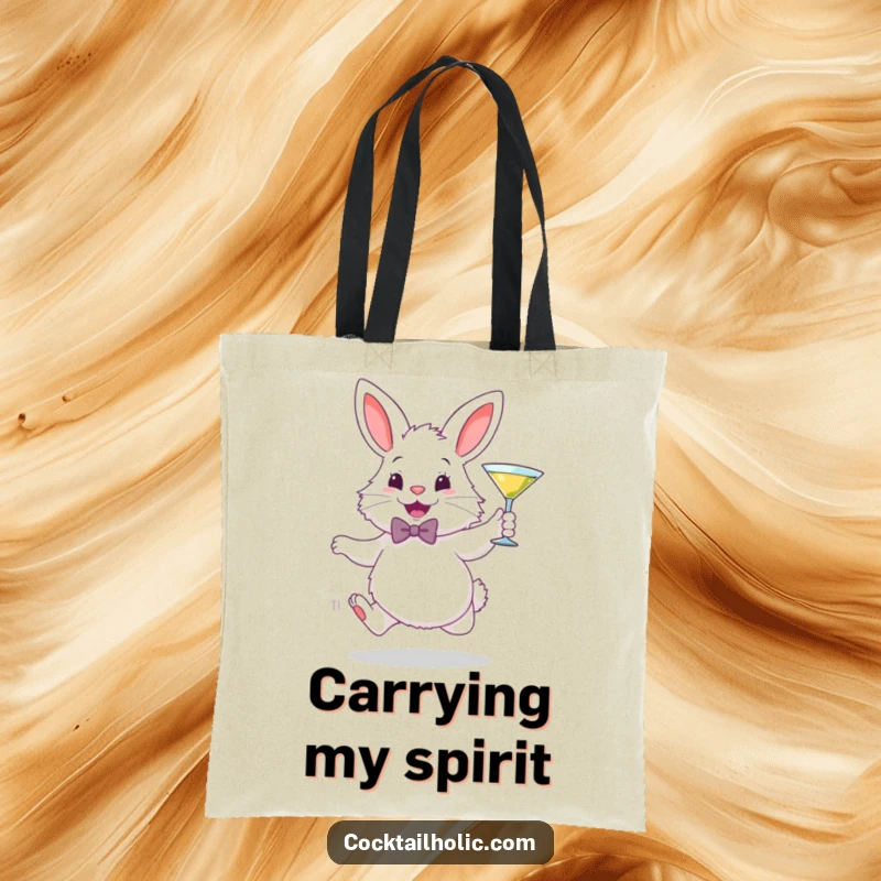 Funny tote bag with a fluffy white bunny in a bowtie, gleefully hopping and holding a miniature martini glass, ready for stylish outings.