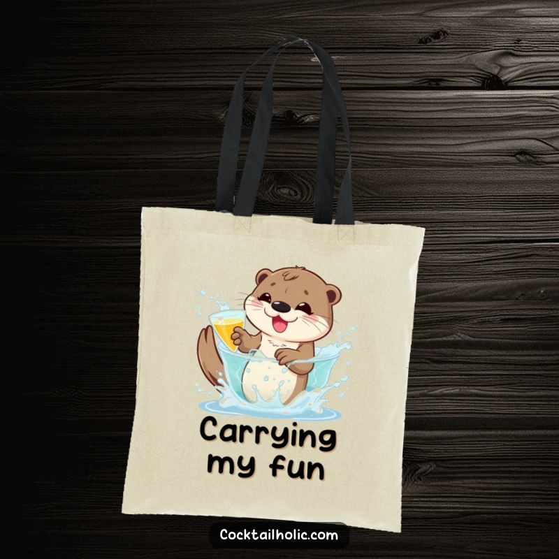 Funny otter tote bag with a playful character splashing in a bubbly cocktail, great for carrying essentials with bubbly humor.