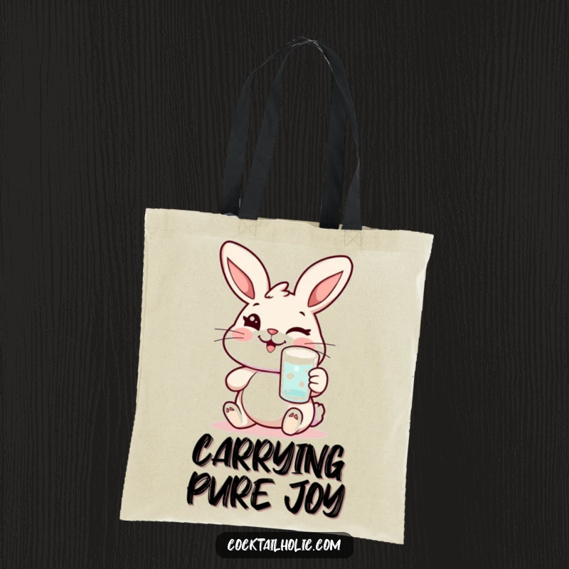 Funny rabbit tote bag with a cheerful character winking while holding a frosted glass, perfect for carrying essentials with charm.