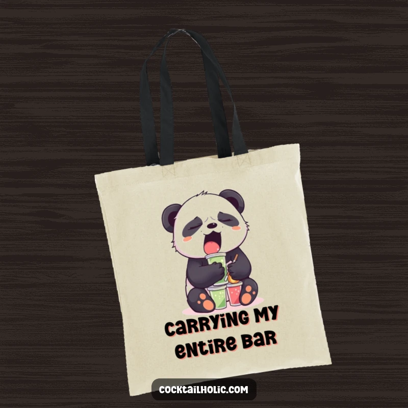 Funny Sleepy Panda Tote Bag: A yawning panda balances mini drinks, symbolizing the daily struggle with a touch of humor.