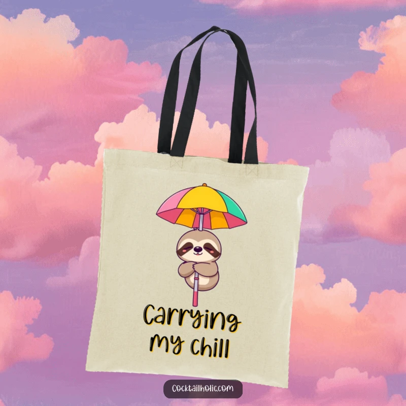 Funny tote bag featuring a sleepy sloth character smiling while dangling from a cocktail umbrella, for relaxed carrying.