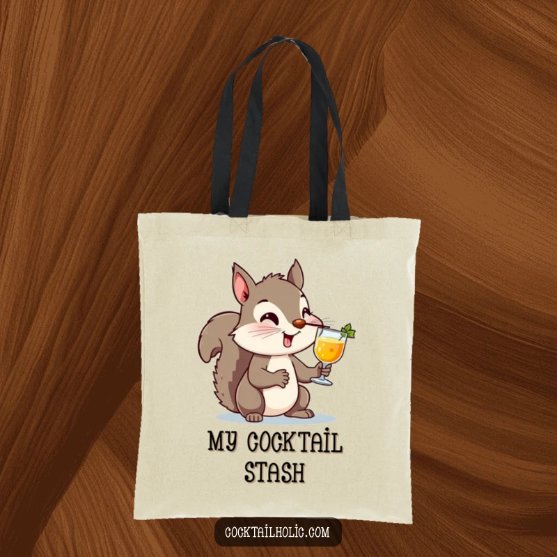 Funny Squirrel Cocktail Tote Bag: A charming tote bag depicting a squirrel balancing a cocktail on its nose, adding a humorous and stylish touch to errands.