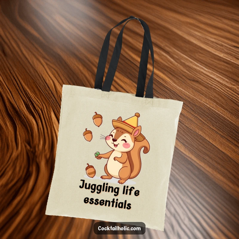 Funny tote bag featuring a cheerful squirrel in a sombrero juggling acorns, ideal for stylish and humorous carrying.