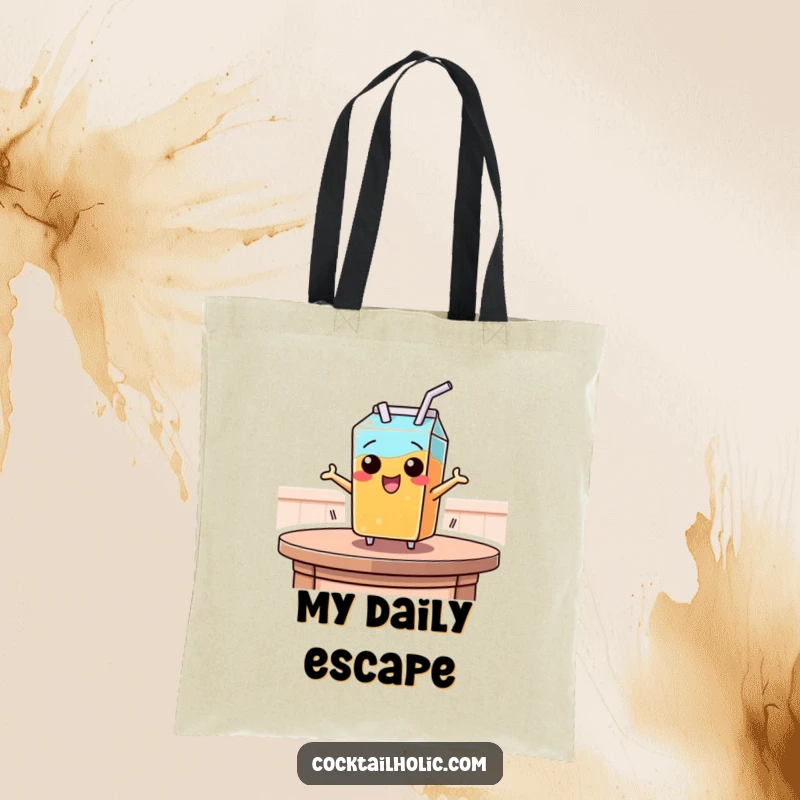 Funny tote bag illustrating a juice box with a straw leaping off a table, symbolizing excitement and a lighthearted attitude.
