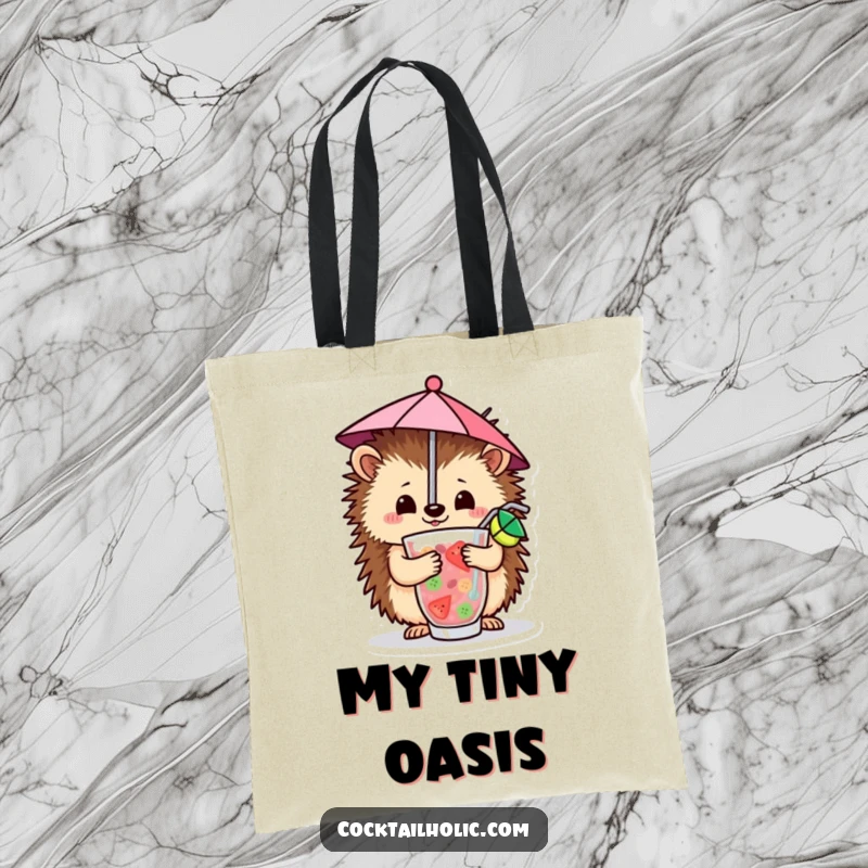 Funny Tote Bag showcasing a cheerful hedgehog balancing a miniature umbrella inside a delicious-looking fruity drink, ready for adventures.